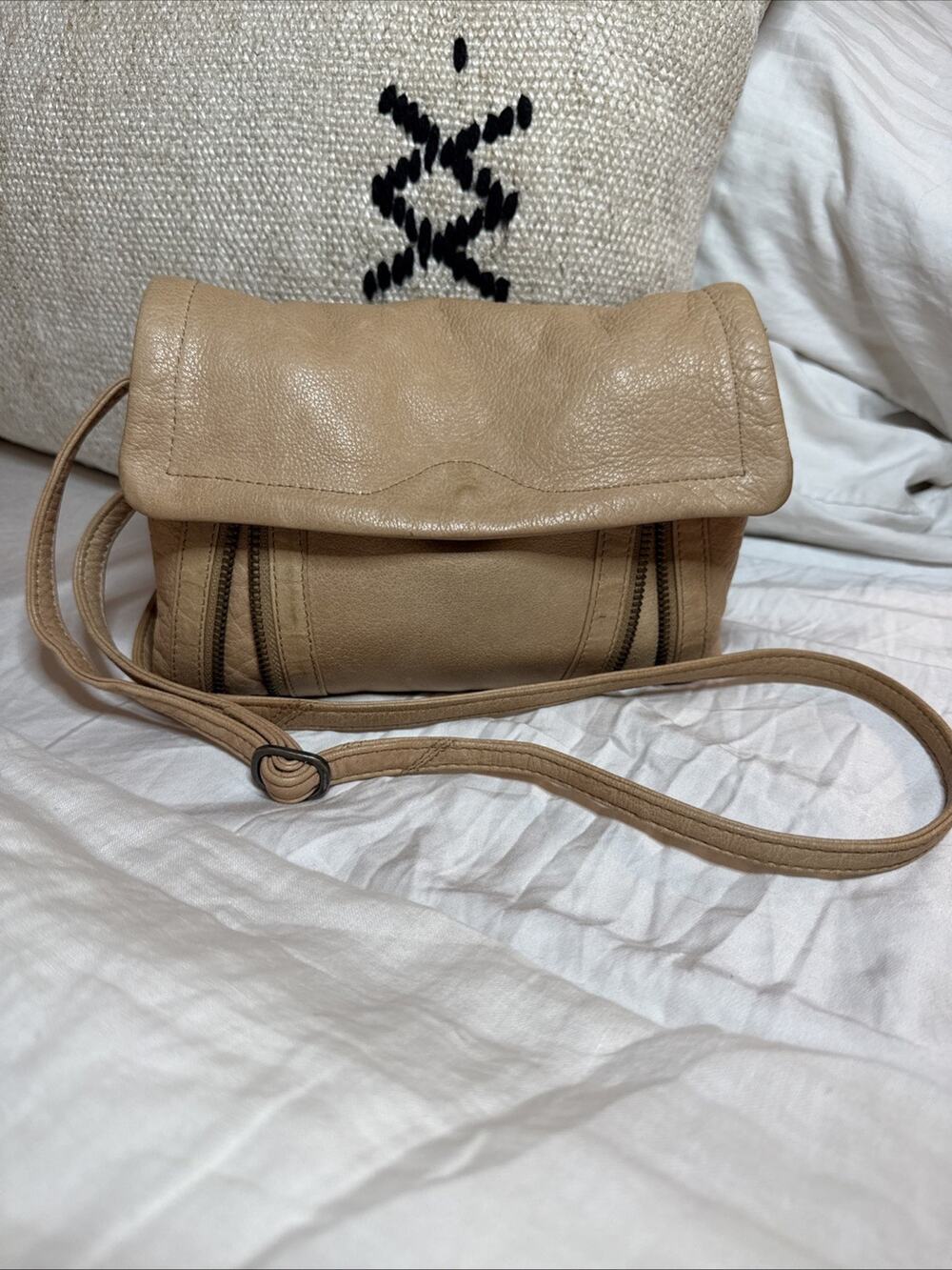 Anthropologie DAY & MOOD Pine Crossbody Camel Tan Genuine Leather Moto